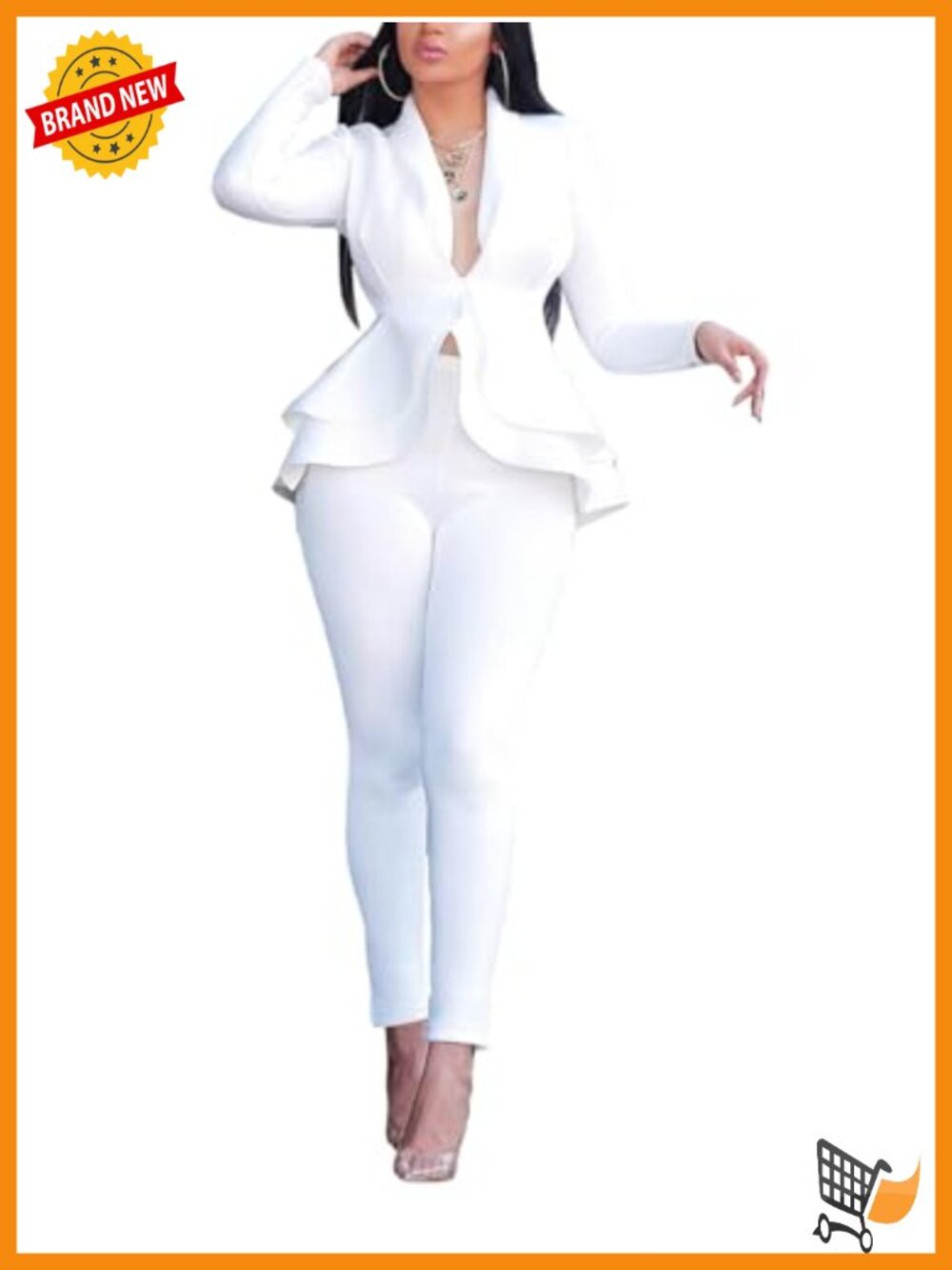 Two Piece Outfit Blazer Pants Set Deep V Neck Ruffle Long Sleeve Bodycon